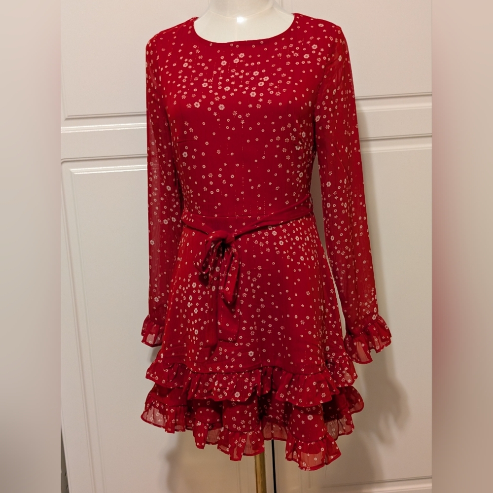 ♥️ Red Dress * White Floral Detail * Long Ruffle-Sleeve & Hem * Fit & Flare